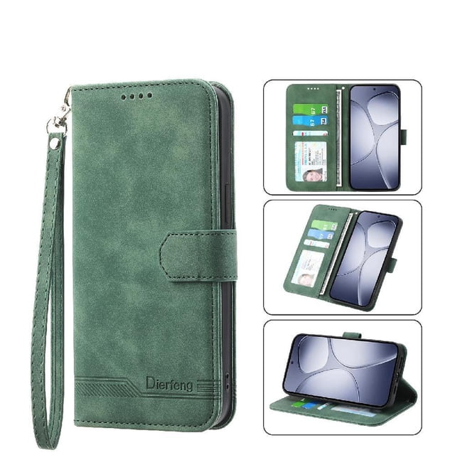Funda Tipo Billetera para Xiaomi Redmi Note 14 Pro 4G Carcasa Abatible con Porta Tarjetas, Bolsillo para Efectivo, Soporte Ajustable, Cierre Magnético y Correa de Muñeca Verde