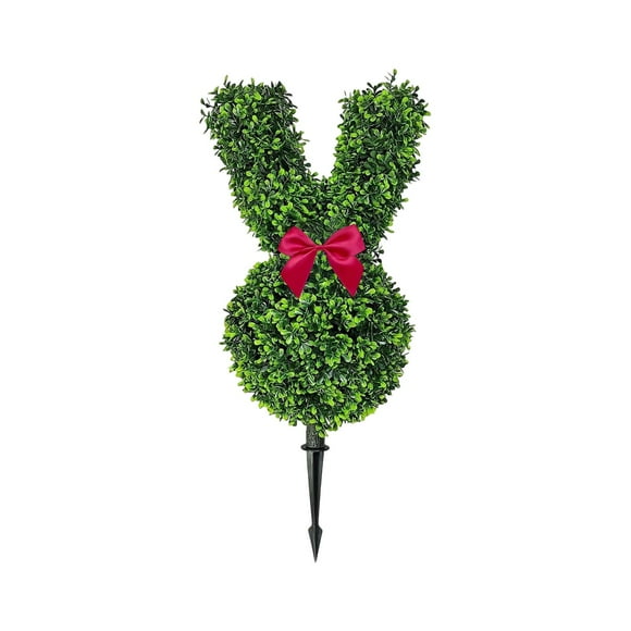 NAOJIE 24inch Bunny Shaped Topiary Trees with Ground Spike,Artificial Boxwood Rabbit Topiary for Indoor Outdoor Home Decor,Easter Topiary(Red Bow)