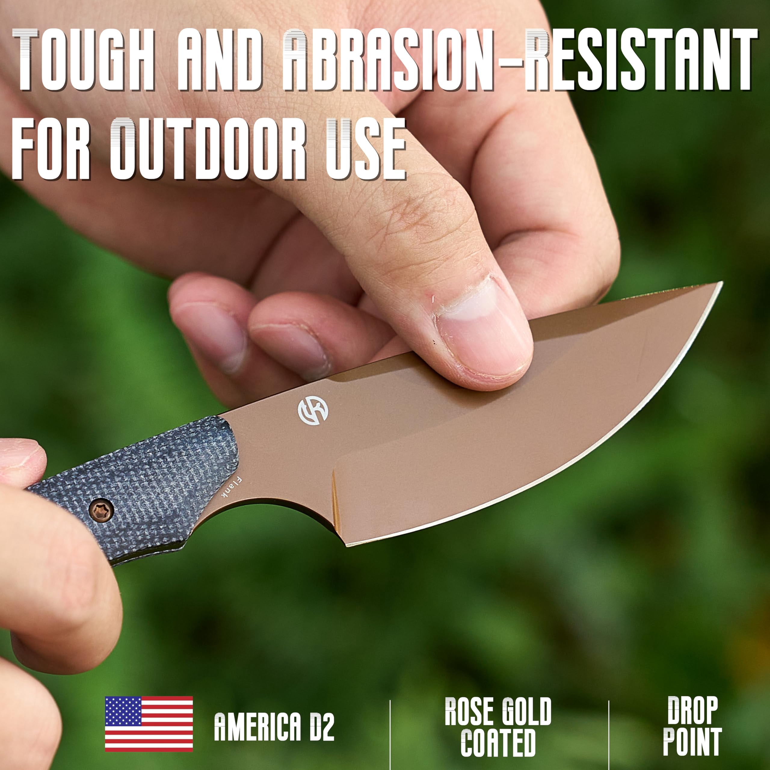 Kansept Flank Fixed Blade Knife,3.69'' Rose Gold Coated D2 Blade,Black Micarta Handle Pocket Tactical Knives,G006A3,with sheaths