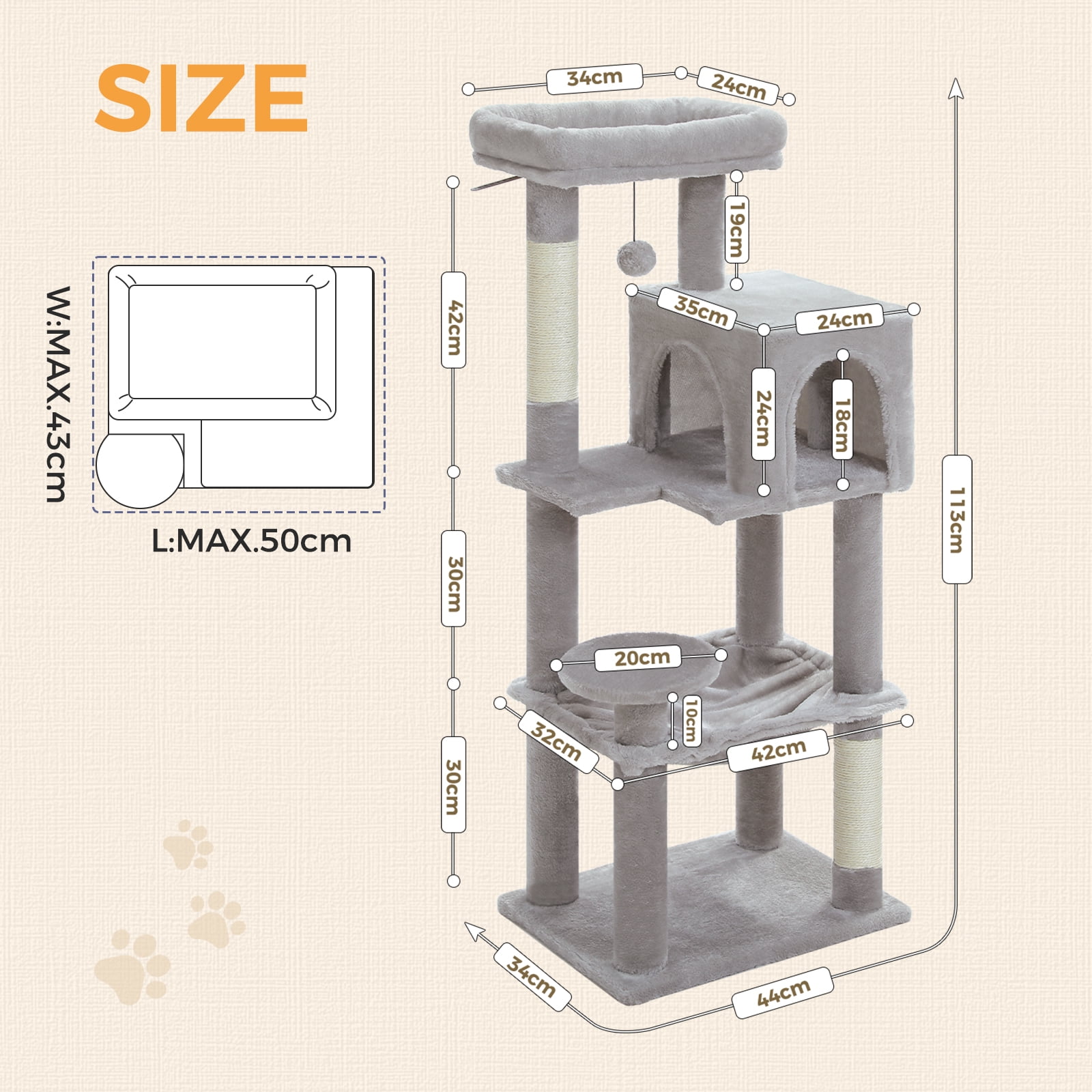 Pefilos 44" Cat Tree Tower for Indoor Cats, 5-Level Cat Condo with Large Hammock, Big Top Perch and 4 Sisal Covered Scratching Pos, Gray