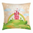 thumbnail image 1 of Fairy Tale Throw Pillow Cushion Cover, Pink Castle on the Hill Above Vibrant Rainbow Figure on a Pink Sky Spring Day, Decorative Square Accent Pillow Case, 16 X 16 Inches, Multicolor, by Ambesonne, 1 of 2