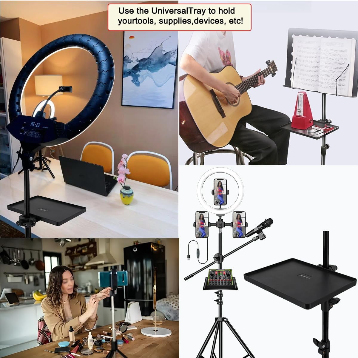 ABCISI Microphone Stand Tray, Adjustable Clip Stand Desk, Universal Microphone Stand Tray, 8.66 Inch X 6.5 Inch for Stage, Sheet Music, Live Broadcast, Recording (Stand not included)