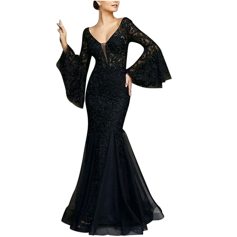 YWDJ Party Dress for Women Semi Formal Dresses Long Sleeve Lace Mermaid V  Neck New Embroidered Fishtail Black Slim Evening Bridesmaid Dresses for  Wedding Guest Evening Party Graduation Party - Walmart.com