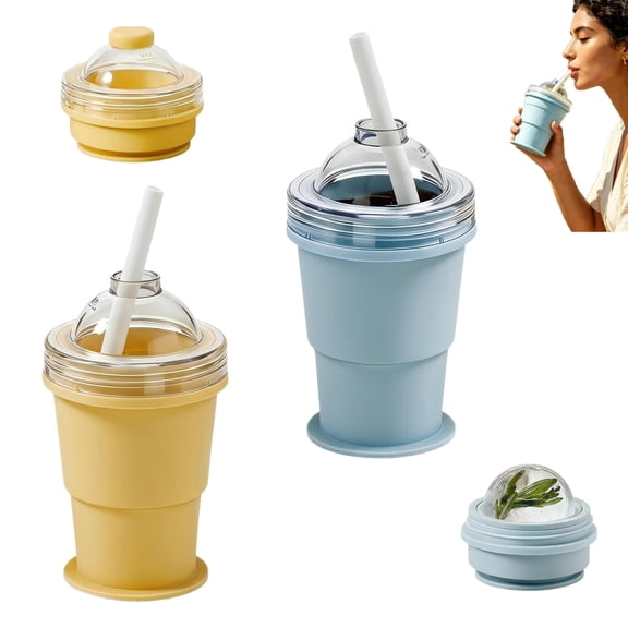 2-in-1 Silicone Ice Ball Maker Cup – 2pcs Reusable Ice Sphere Mold with Lid & Straw for Travel