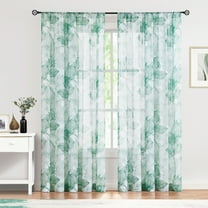 Exultantex Green White Semi Sheer Curtains 84inches LongLine Drawing Print Chiffon Lotus Floral Botanical Window Curtain Panels for Living Room,Rod Pocket,2 Pack