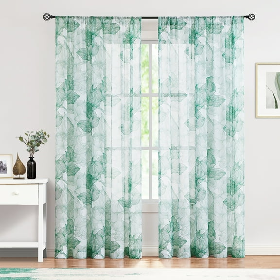 Exultantex Green White Semi Sheer Curtains 84inches LongLine Drawing Print Chiffon Lotus Floral Botanical Window Curtain Panels for Living Room,Rod Pocket,2 Pack