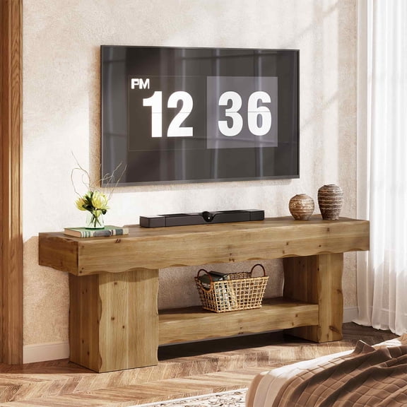Finmind TV Stand for TVs up to 75 Inches, 63 inch Solid Wood Entertainment Center with Open Storage Shelves, Farmhouse Media Console Table for Living Room, Bedroom, Rustic Brown