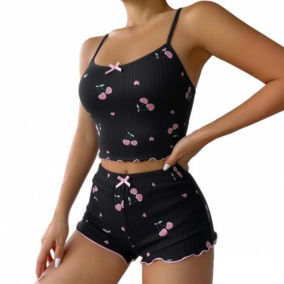 IMENGL Women's Pajamas Set Loungewear Graphic 2 Piece Summer Cute Crop and Shorts Ribbed Onesises Sleepwear Pajama Sets for Women,Black