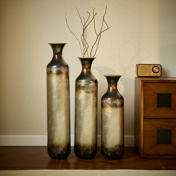GAKMCIL Floor Metal Vases Metal Modern Decorated Vases (Set of 3) Gorgeous Home Decoration Large Glazed Metal Vases for Home Living Room (20.4in/24.4in/28.34in height) (White&Gold)