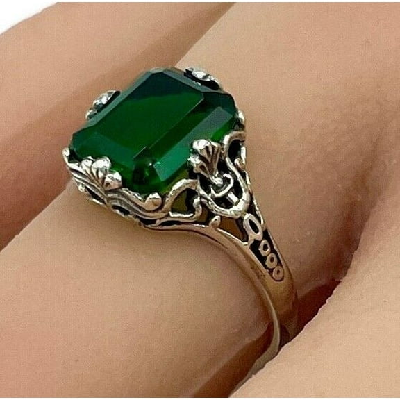 3Ct Emerald Cut Lab Created Green Emerald Women's Solitaire Birthday Gift Ring 14K White Gold Plated Silver