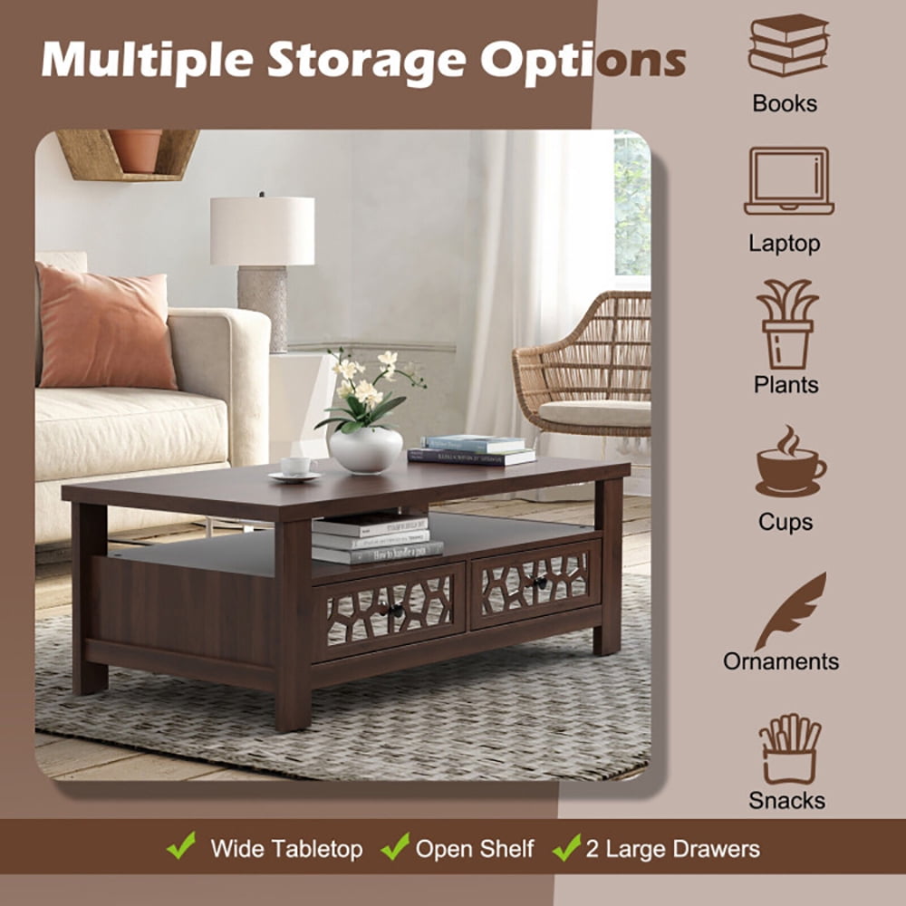 Finihen Coffee Table, Rectangular Coffee Table, 3-tier Coffee Table with 2 Drawers and 5 Support Legs, for Living Room, Reception Room, Office, Brown Finihen Coffee Table, Rectangular Coffee Table, 3-tier Coffee Table with 2 Drawers and 5 Support Legs, for Living Room, Reception Room, Office, Brown