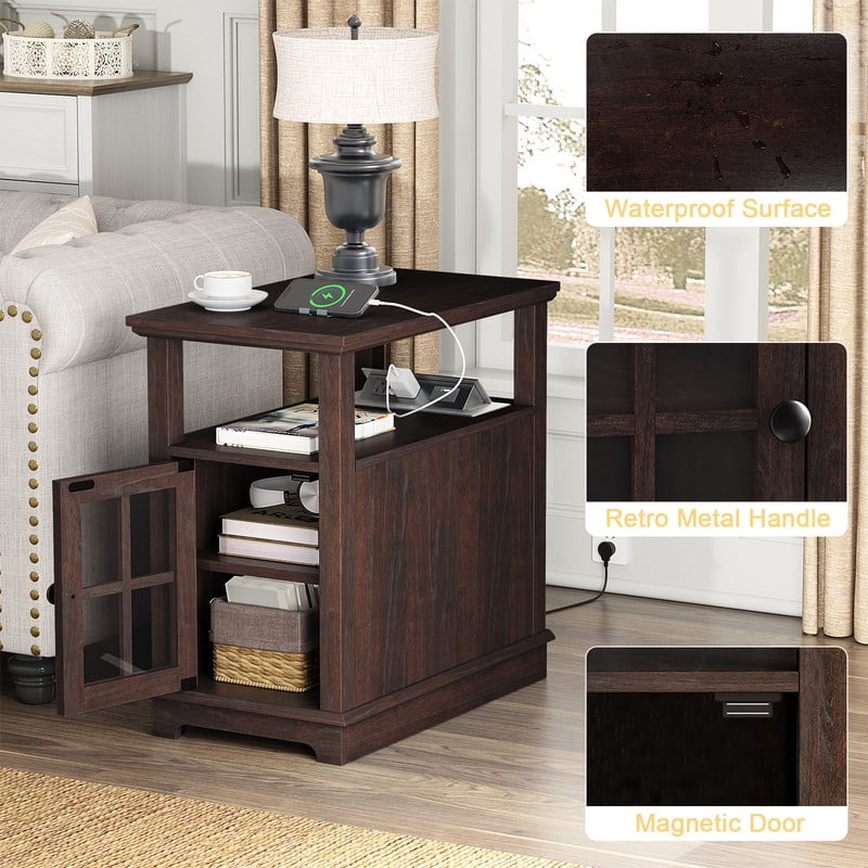 PLAMLE End Tables for Living Room with Storage Shelf,Narrow Sofa Side Table Slim Chair Side Table Adjustable Feet End table for Bedroom