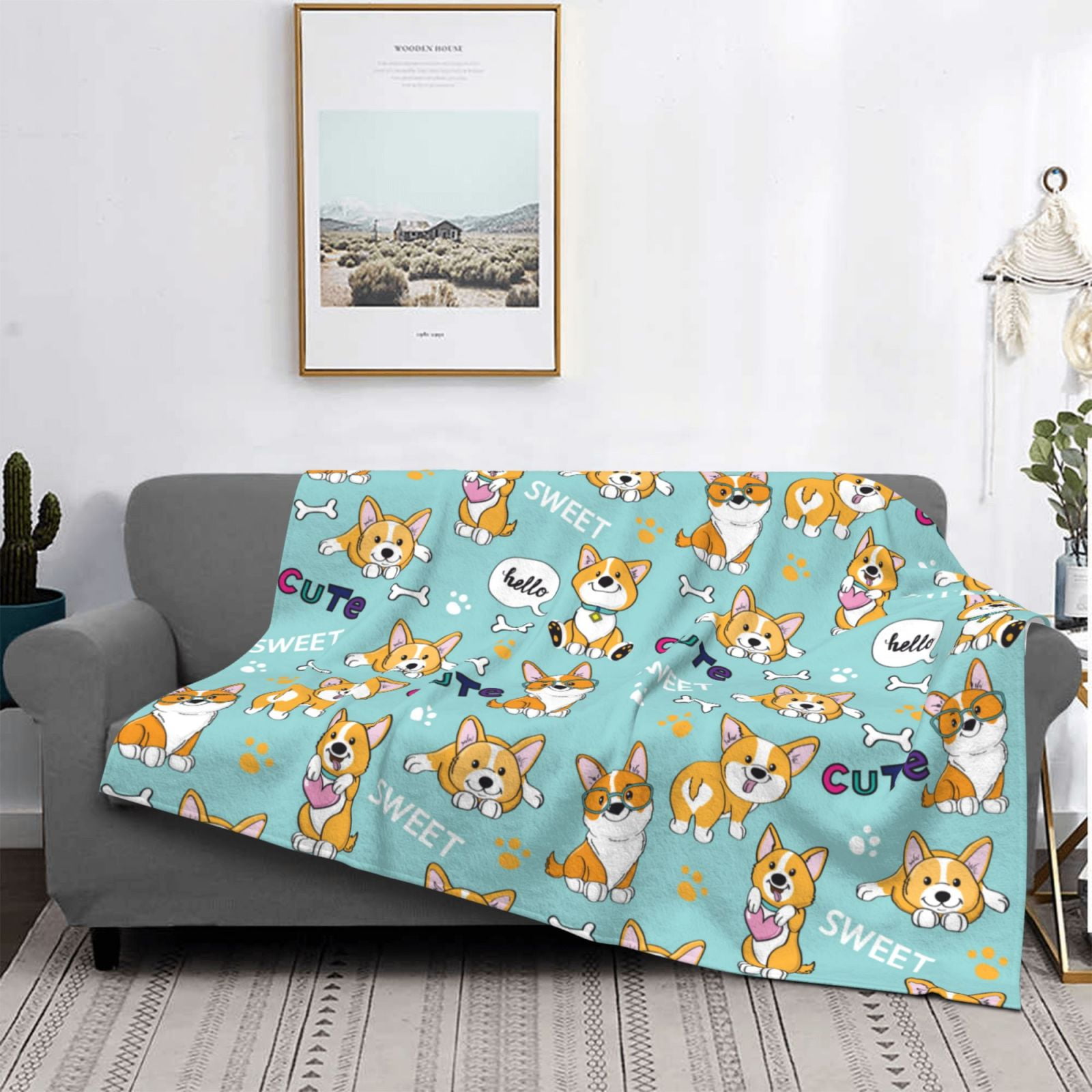 Throw Blanket for Couch - Cute Dogs Corgi Soft Comfy Lightweight Cozy Warm Throw Blanket, Fuzzy Plush Flannel Blanket & Throws for Sofa and Bed All Season