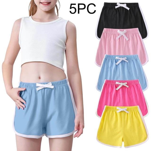 MKOSPLRT 5 Pack Girls Summer Running Shorts Athletic Performance Sports Shorts with Drawstring and Pockets for Kids 12M-11Y