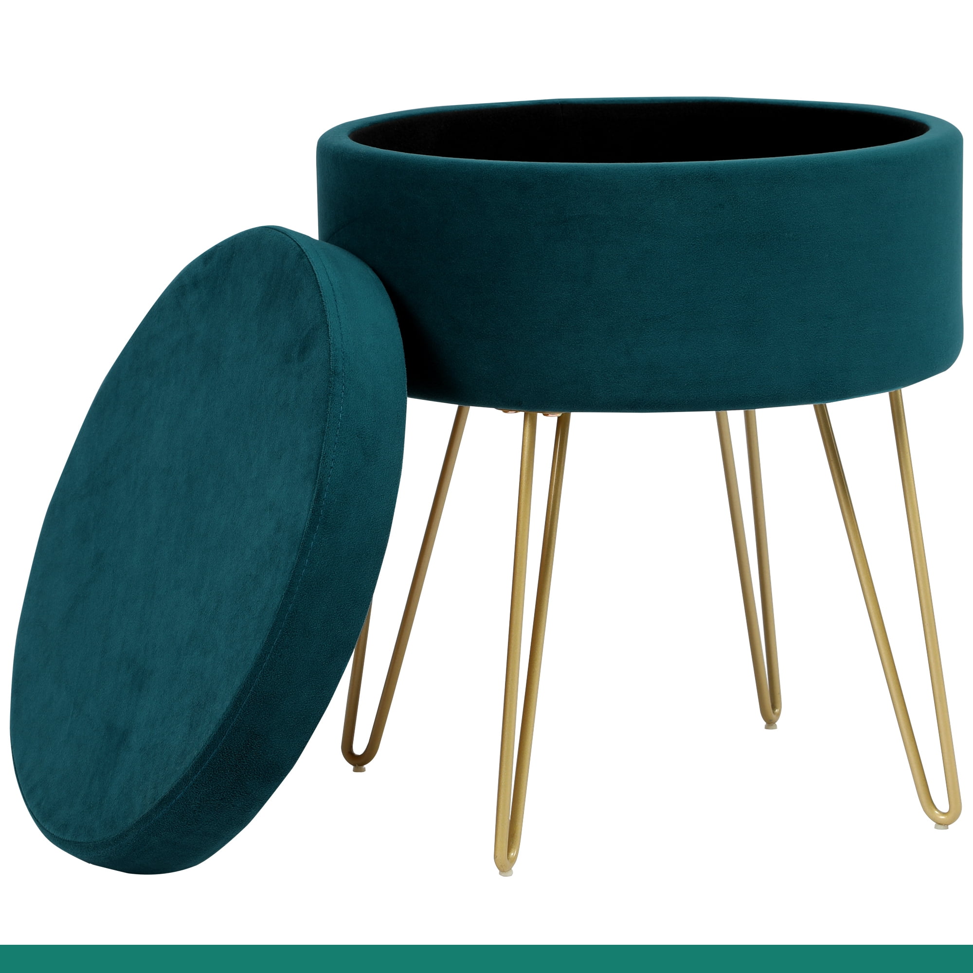 YITAHOME Velvet Storage Ottoman Foot Rest, Round Footrest Vanity Stool with Metal Legs, Tray Top