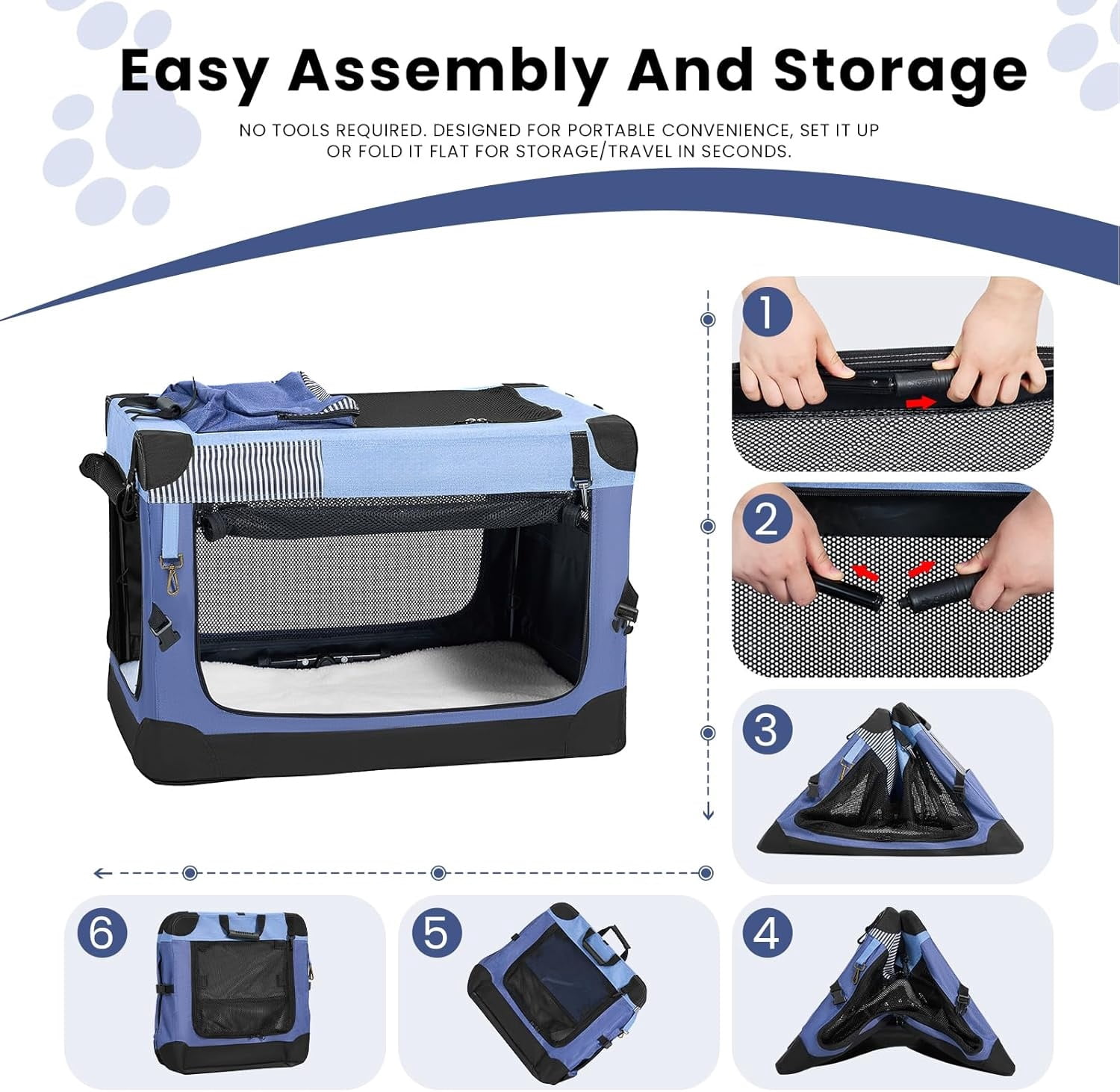 Nomipaw 36 Inch Portable Dog Crate Soft Collapsible,3-Door Blue Travel Pet Crate for Small/Medium Dogs Indoor & Outdoor with Durable Mesh Windows & Storage Bag