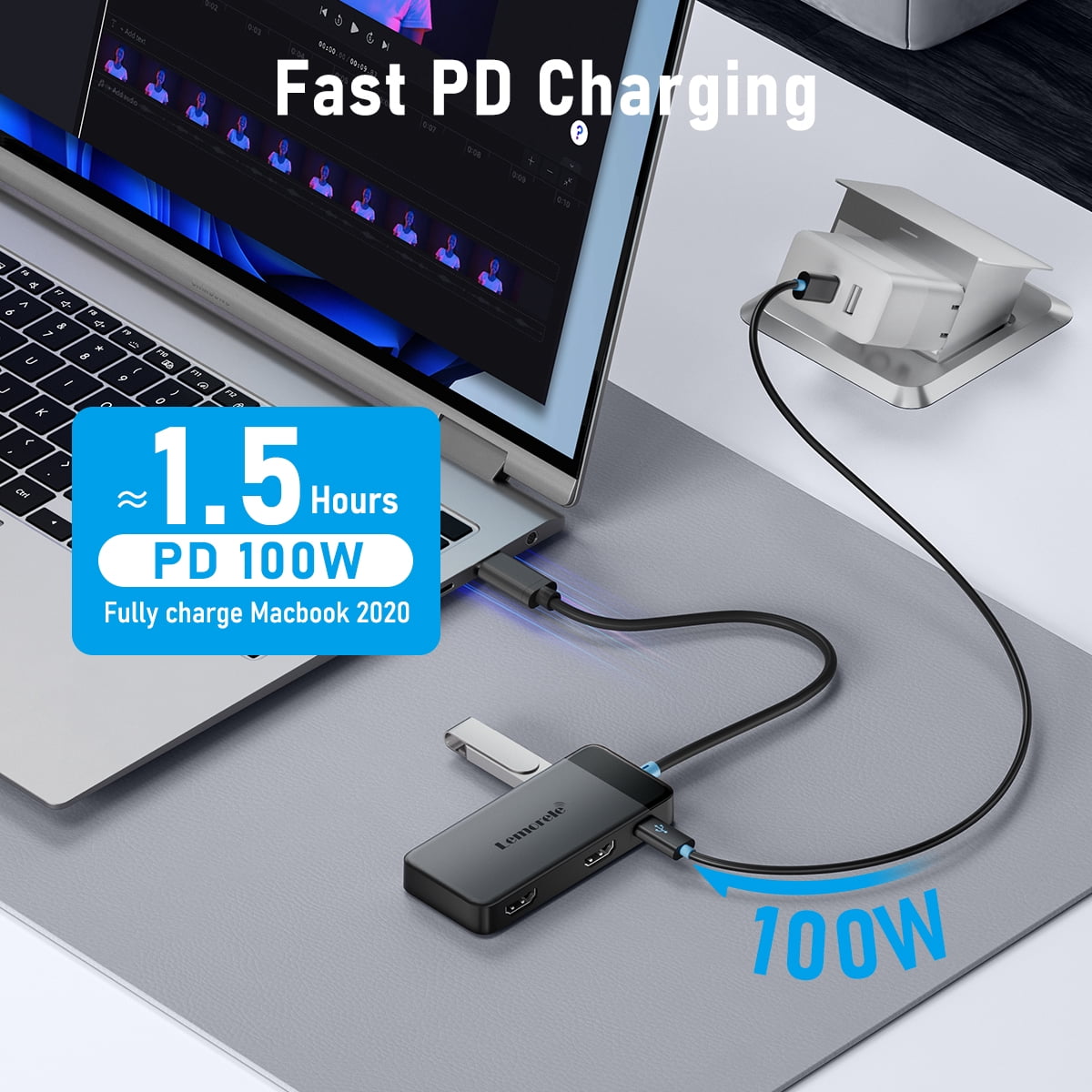 Lemorele 6 in 1 USB-C Multiport Hub, Laptop Splitter, PC Adapter, 4K Dual HDMI Adapter, USB A Data Port, 100W PD