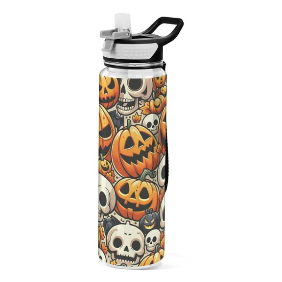 Halloween Cartoon Pumpkins Skulls Sports Water Bottle with Straws 32 Oz Tritan Clear Bottles BPA Free Leakproof Cup for Outdoor School Gym Fitness