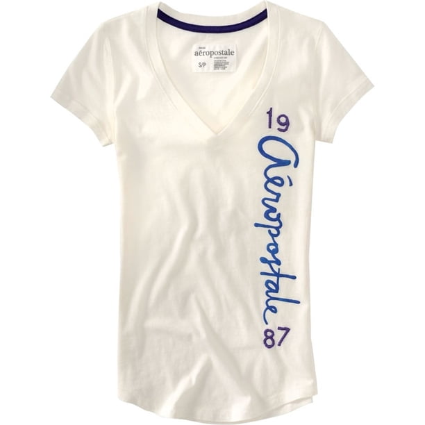 Camiseta gráfica con cuello en V para mujer de Aeropostale, blanca, extra pequeña