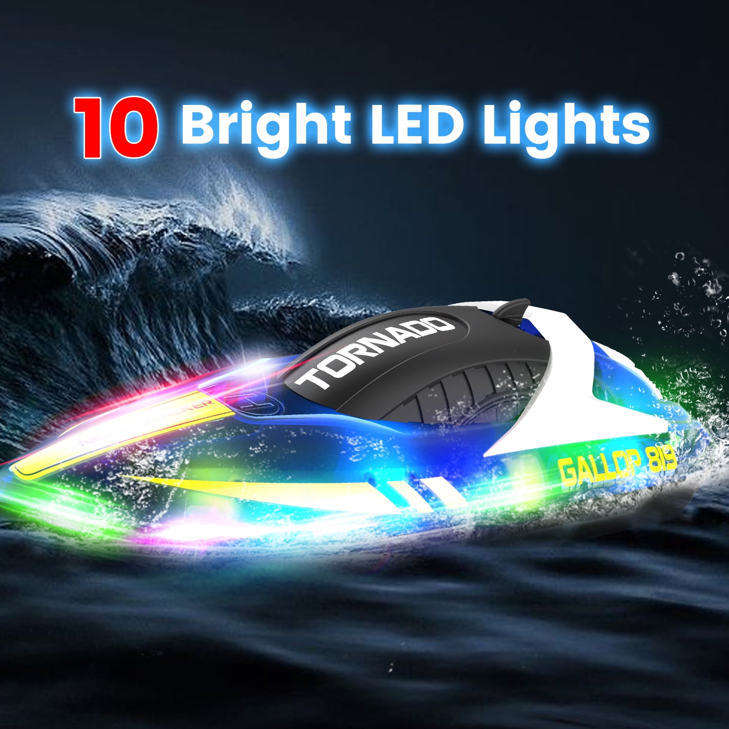 JoyStone RC Boat for Pools and Lakes, 2.4G Remote Control Boat with LED Lights, Racing Boats for Kids & Adults with 2 Rechargeable Battery, Gifts for Boys Girls (Blue)