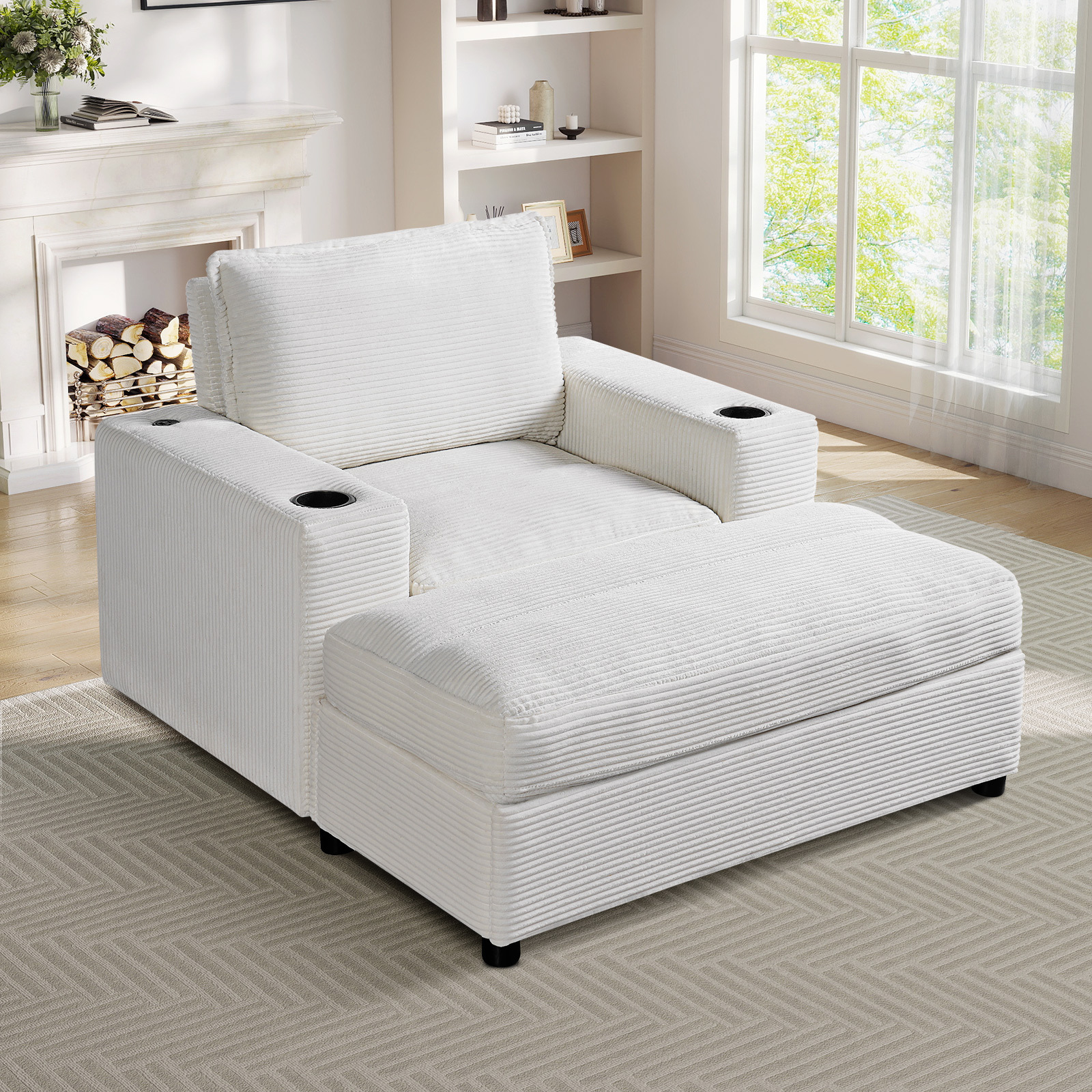 Lunale 42.8" Accent Chair with Ottoman, Indoor Chaise Lounge Chair with USB & Storage, Plush Reading Sofa Armchair for Living Room, Bedroom, Apt, White Corduroy