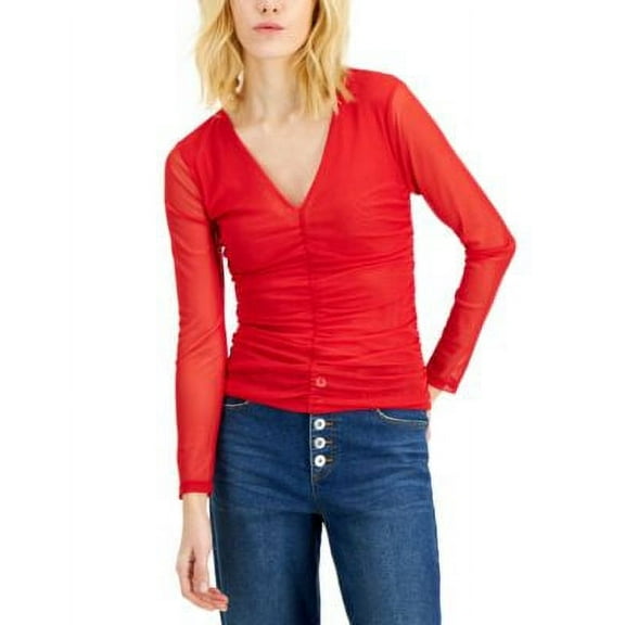 INC International Concepts Ruched Mesh V Neck Top Red M
