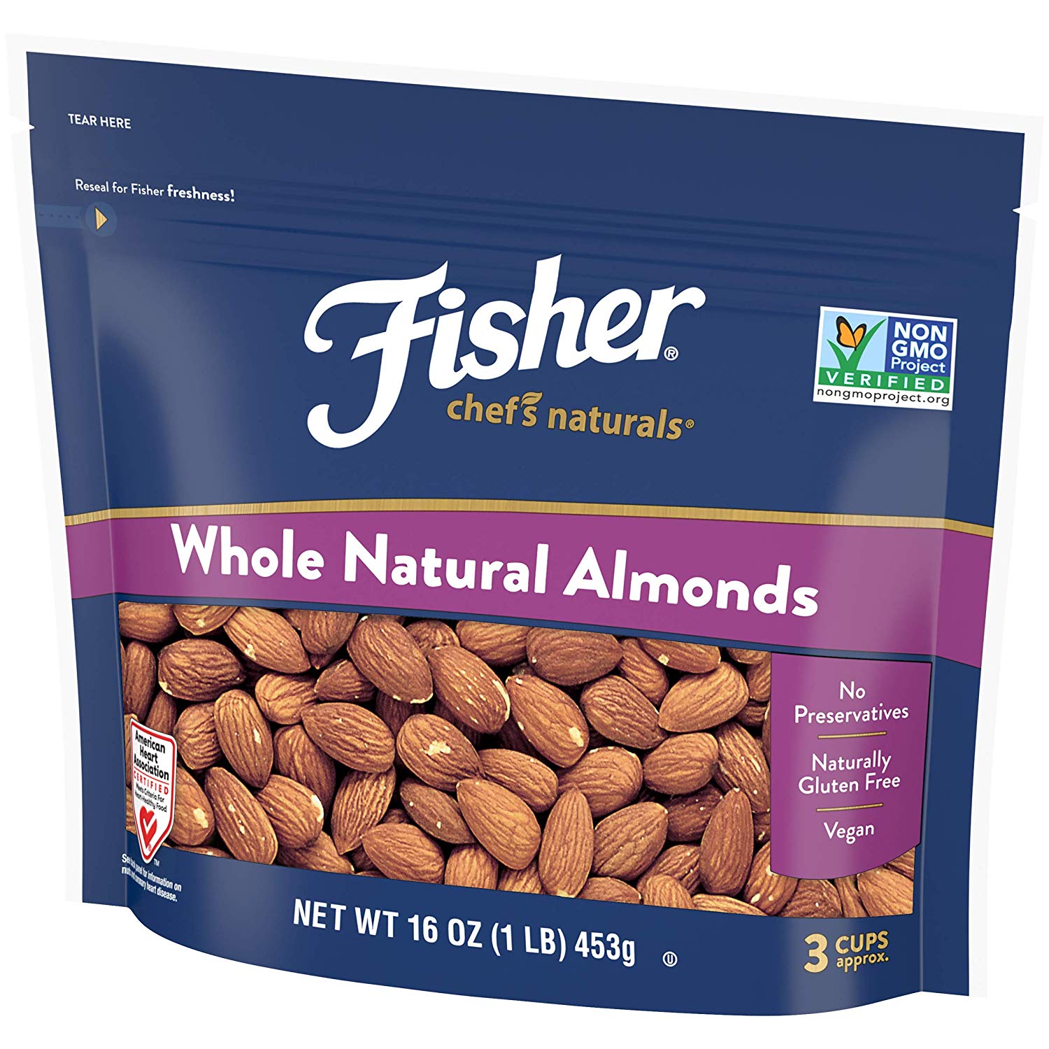 FISHER Chef's Naturals Whole Almonds, 16 oz, Naturally Gluten Free, No Preservatives, Non-GMO