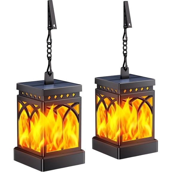 Diigabo 2-Pack Solar Lanterns Outdoor Flickering Flame Waterproof Hanging Lanterns Solar Powered LED for Patio Deck Yard
