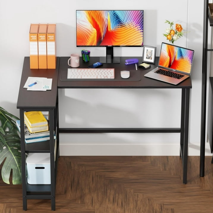 FDW 43 Inch L-Shaped Computer Desk with Metal Frame and Reversible Storage Shelves,Black