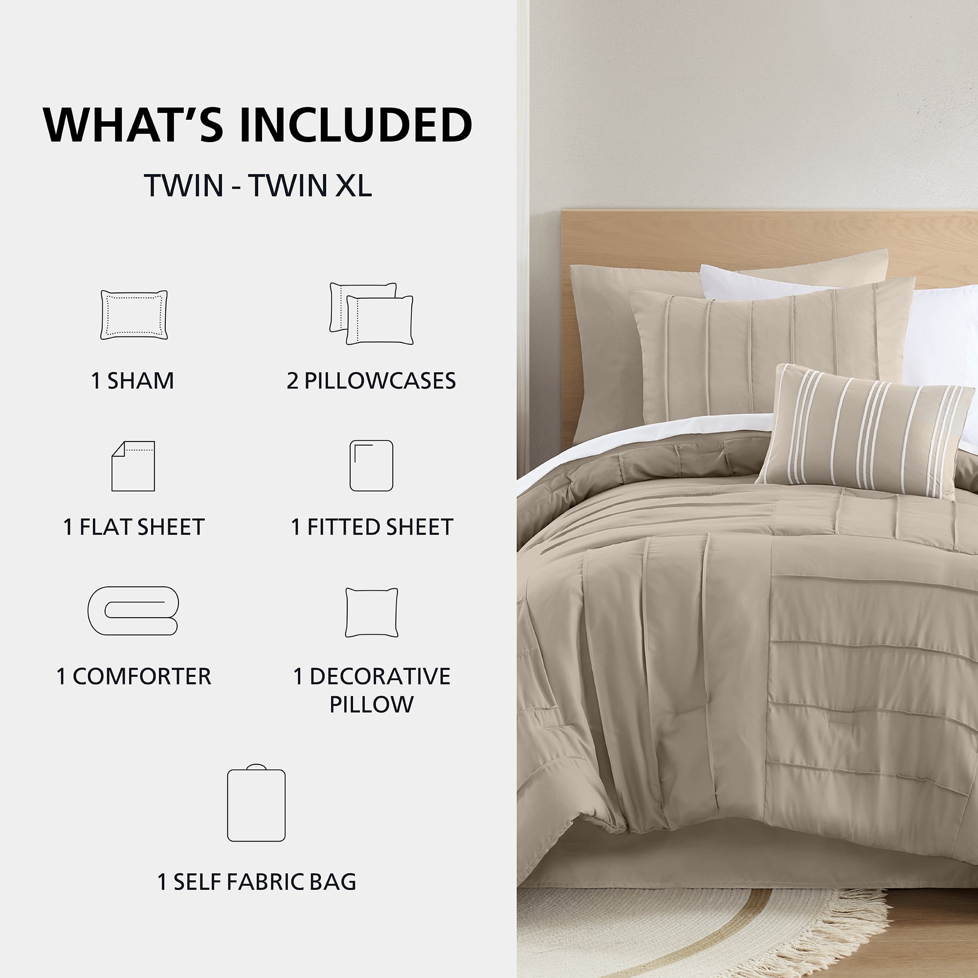 Mainstays 8-Piece Bed-in-a-Bag Comforter Set with Sheets, Twin/Twin-XL, Stone Washed Texture