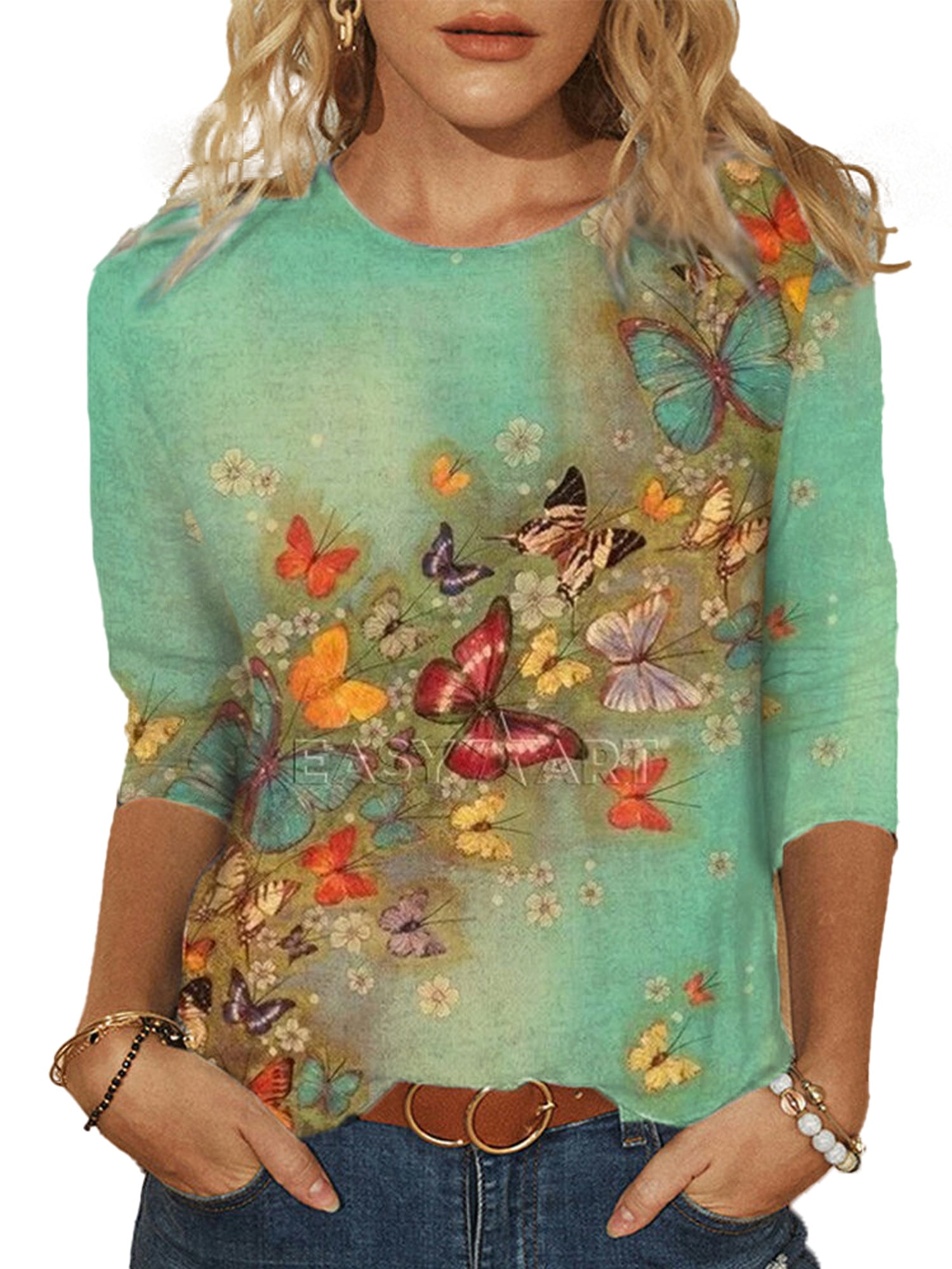 3/4 Sleeves Tops Womens Spring Butterflies Graphic T-Shirt Colorful 3D Print Tunic Blouse Casual Crewneck Tee Shirts