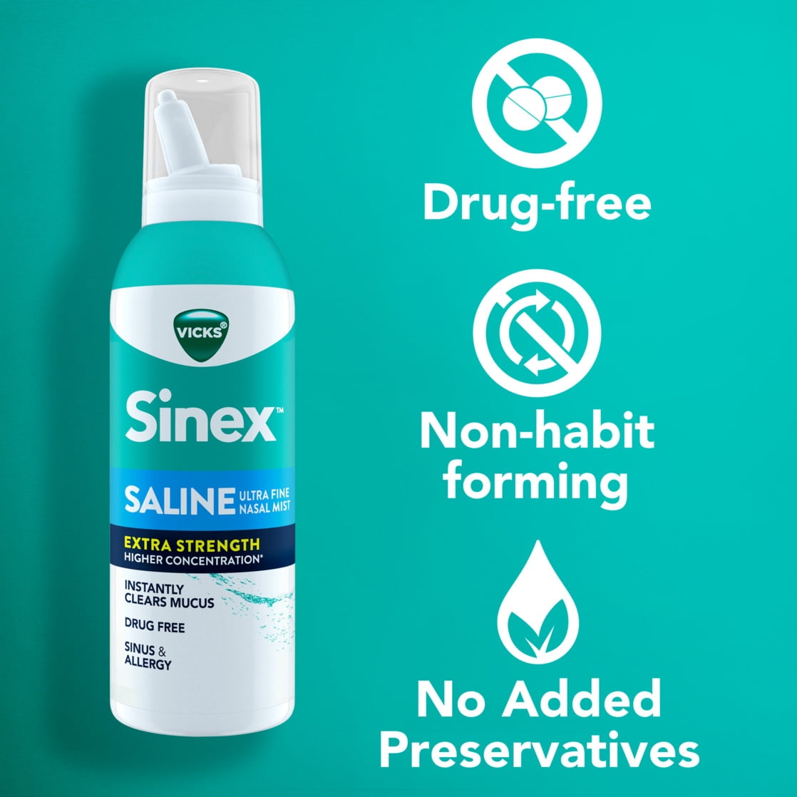 Vicks Sinex Saline Extra Strength Nasal Spray Twin Pack, Drug Free Nasal Decongestant for Sinus Relief, 2x5 oz