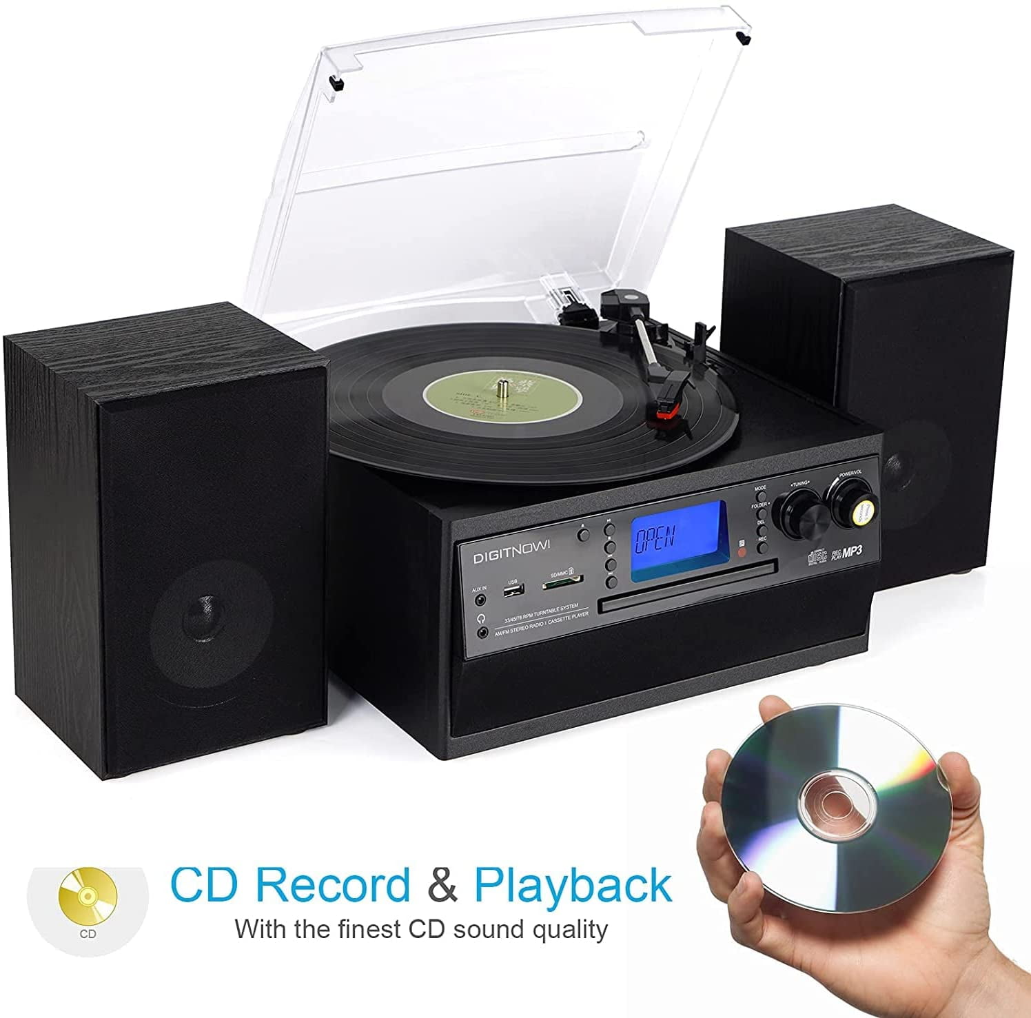 DIGITNOW Vinyl Record Player with Magnetic Cartridge & Adjustable Counter  Weight,Wireless Bluetooth Turntable HiFi System with 36 Watt Detachable  Speakers for High Fidelity Sound. 