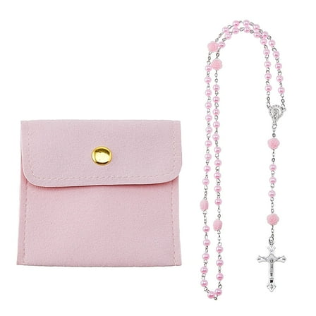 1pc Alloy & Imitation Pearl Rosary Bead Necklaces Rose Resin & Pendant Necklaces for Women with 1pc Square PU Leather Jewelry Packaging Bags Pink 26.38 inch(67cm)
