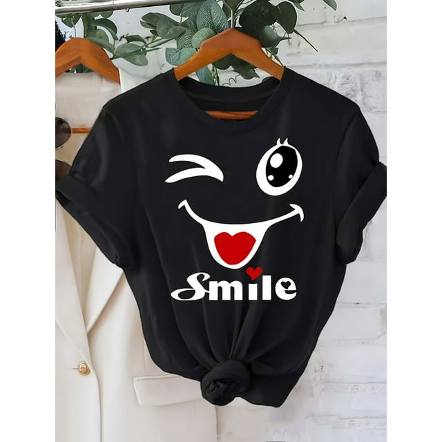 T-Shirt Graphique Style Y2K pour Femmes, Visage Joyeux, Manches Courtes Décontractées, Col Rond, Micro-Élastique et Non Transparent, Coton Facile d'Entretien, Parfait pour une Tenue Décontractée