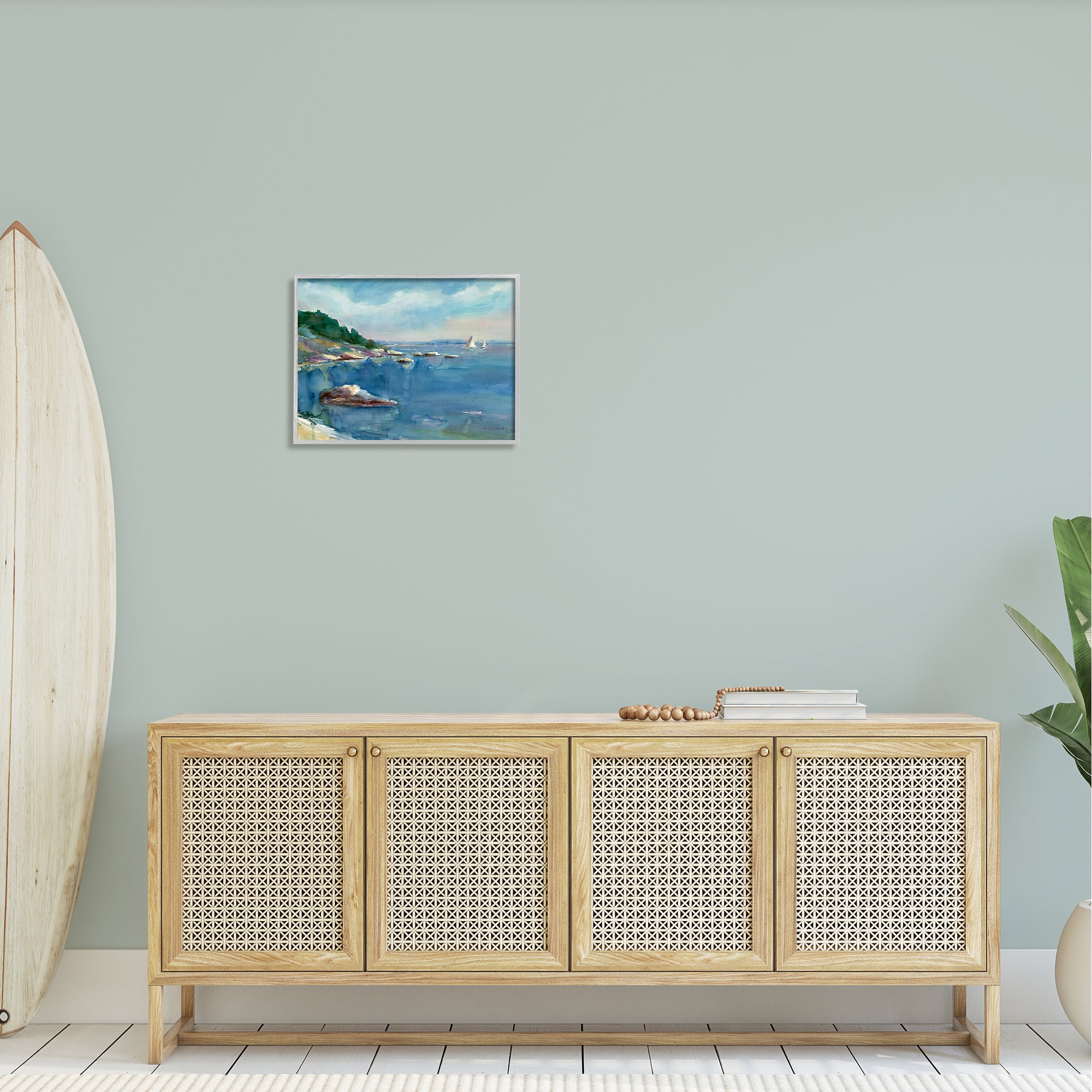 Stupell Industries Boats Floating Rocky Beach Cliffs Watercolor Detail Painting Gray Framed Art Print Wall Art, Design by Stephen Calcasola