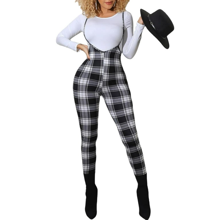 One opening Female Suspender Trousers Women s Plaid High Waist