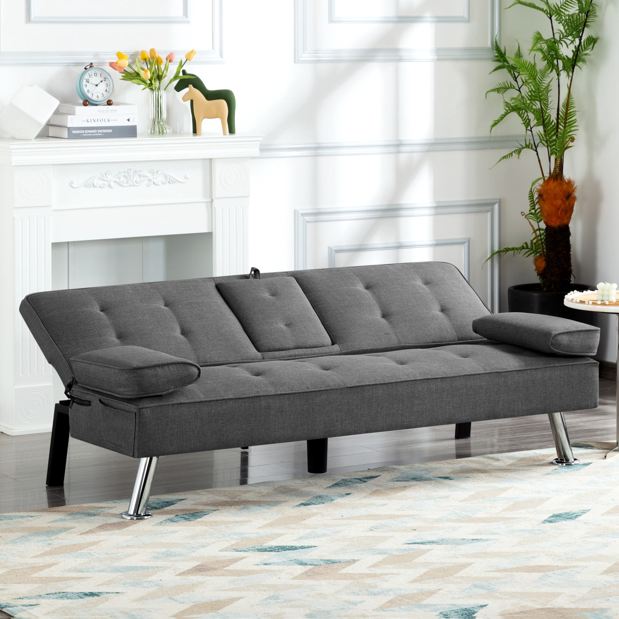 Gewnee 65.3" 3‑in‑1 Convertible Futon Sleeper Sofa, Polyester Foldable Sleeper Couch with Adjustable Backrest,Sofa Bed with Cup Holders & Storage Bag for Small Apartments，Dark Gray