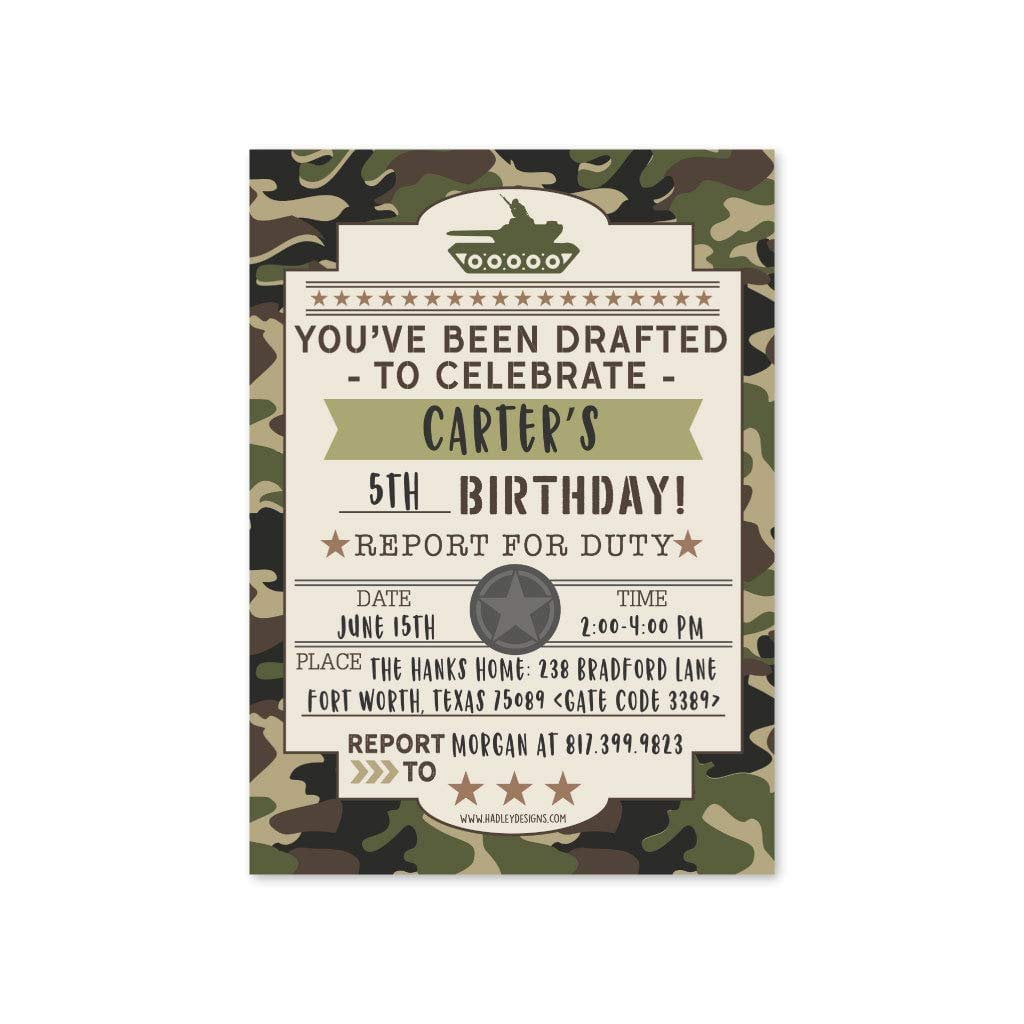 25 camo army kids birthday party invitations boy sleepover camouflage military themed tank soldier children or toddlers bday scout camp theme printable supplies printed or fill in the blank cards walmart com