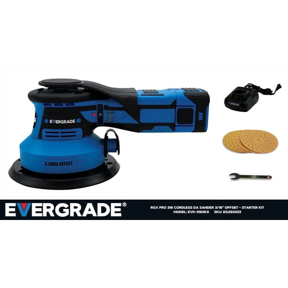 EVERGRADE Cordless Professional DA Random Orbital Sander, Award Winning Line, Pneumatic-Performance, 16V Brushless Palm Sander, 3/16" (5.0mm) Offset for Wood, Auto Body, Paint Prep (EVK-316SK5)