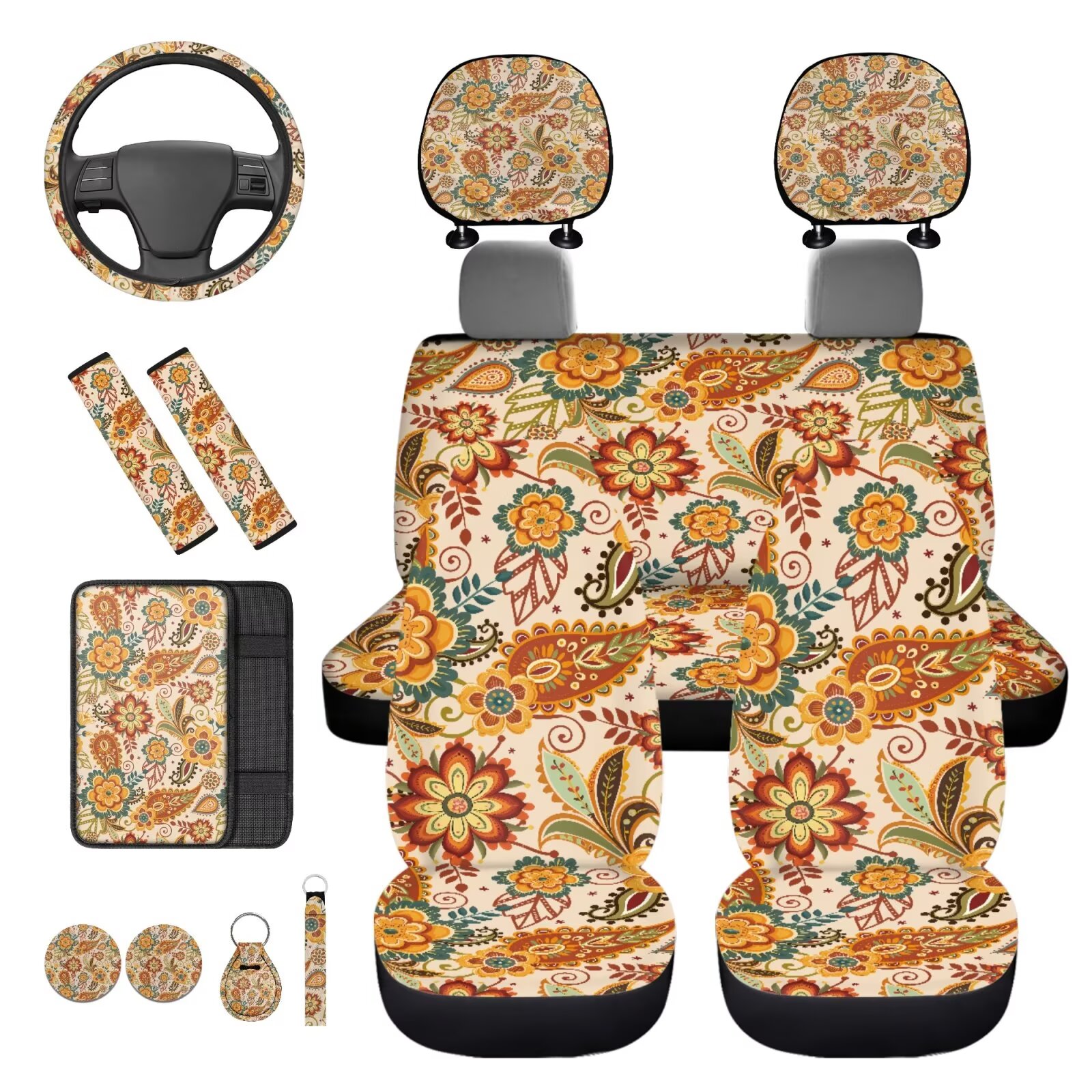 Binienty Bohemian Paisley Car Seat Covers Full Set with Steering Wheel Cover Headrest Protectors Seatbelt Shoulder Pads Machine Washable Fabric Universal Fit for SUV Truck Sedan Auto Interior Decor