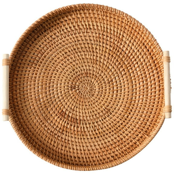 LEXSOMEO Round Rattan Serving Tray with Handles Woven Bread Platter Round Wicker Serving Basket Kitchen Decorative Tray for Kitchen Dinner Parties