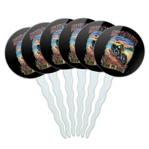 Beach Beauty Motorcycle Bike Born Ride Cupcake Picks Toppers Decoration Set of 6