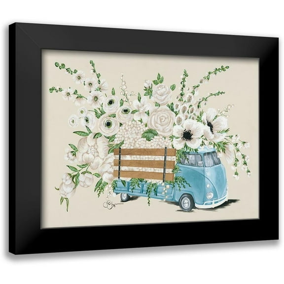 Hollihocks Art 14x12 Black Modern Framed Museum Art Print Titled - VW Bus White