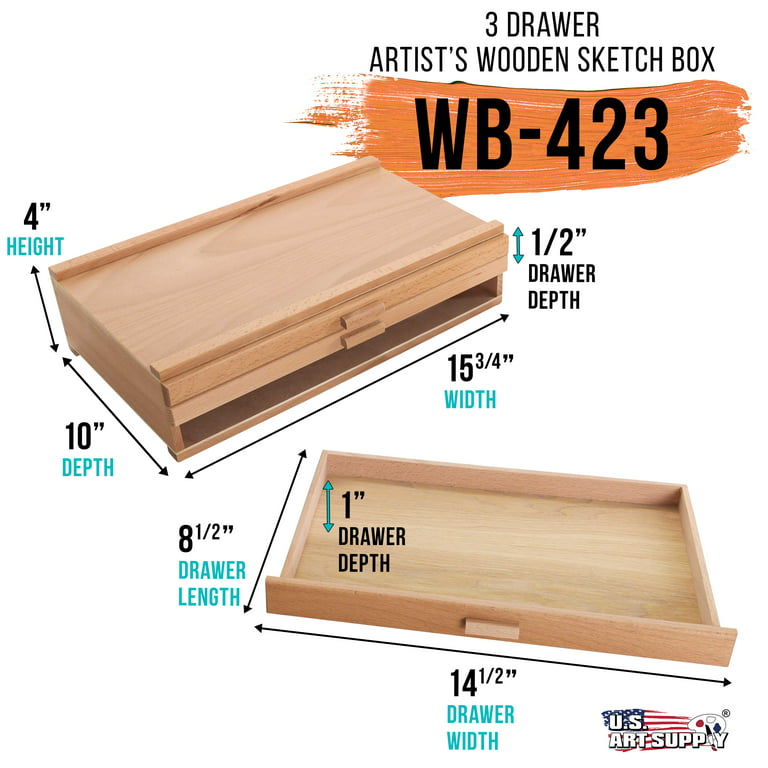 US Art Supply 3-Drawer Artist Wood Pastel, Pen, Marker Storage Box