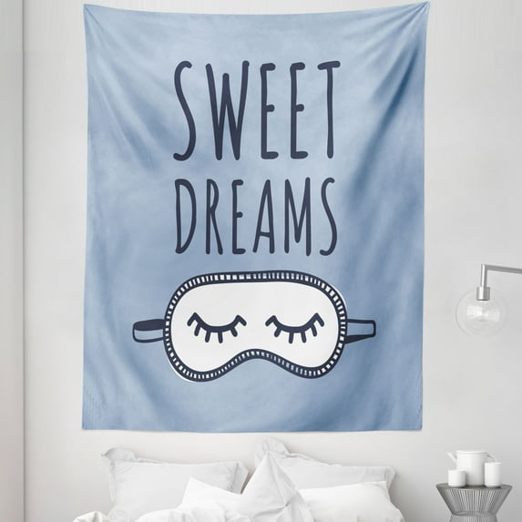 Saying Tapestry, Hand Drawn Sleeping Theme Illustration Doodle Simplistic Arrangement, Fabric Wall Hanging Decor for Bedroom Living Room Dorm, 5 Sizes, Slate Blue Dark Blue, by Ambesonne