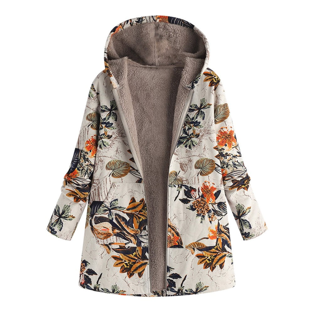 Women Vintage Flowers Print Fleece Hooded Plus Size Long Sleeve Jacket Coat DongDong