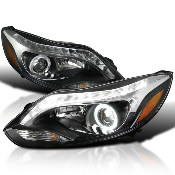 Spec-D Tuning LED Strip Projector Headlights W/ Halo Rim Black Compatible with 2012-2014 Ford Focus All Left Right Pair Headlamps Assembly