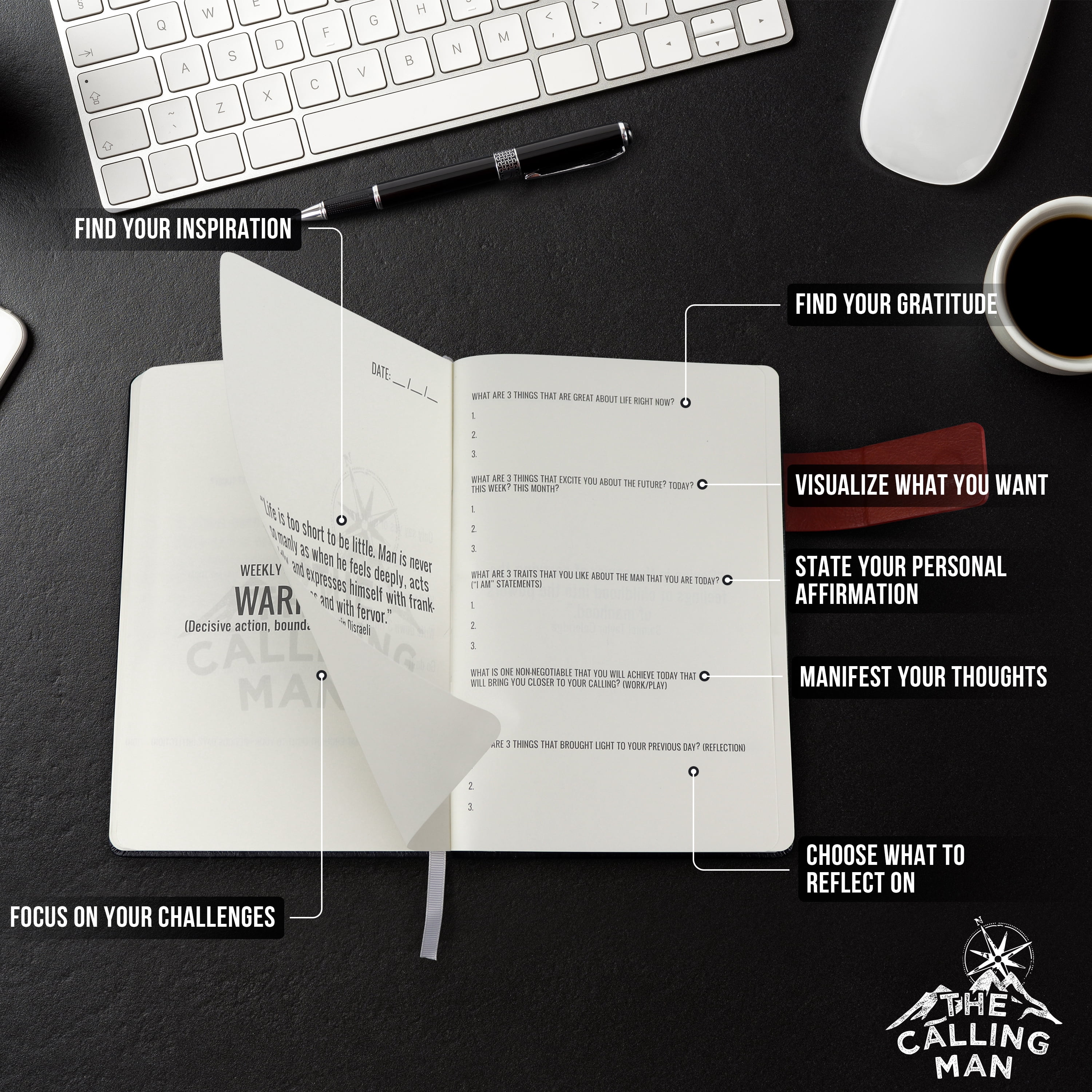 The Calling Man Daily Gratitude and Productivity Mindset Leather Journal For Men, 90 Day Guided 5 Minute Journal with Challenges of the Masculine Archetypes: King, Magician, Warrior, and Lover
