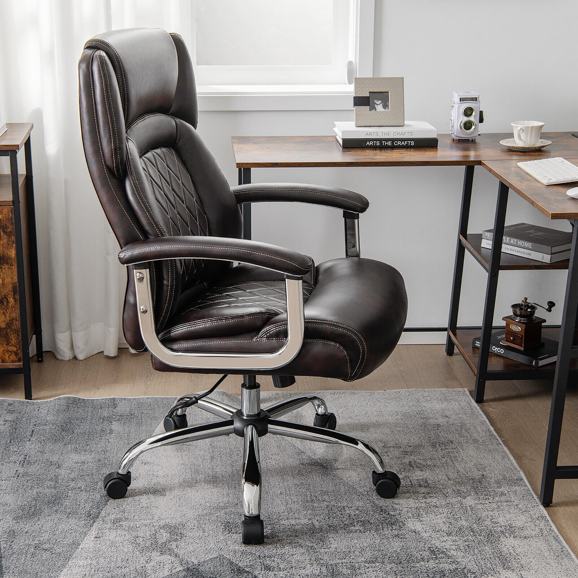 Gymax 500LBS High Back Big & Tall Office Chair Adjustable Leather Task Chair Brown